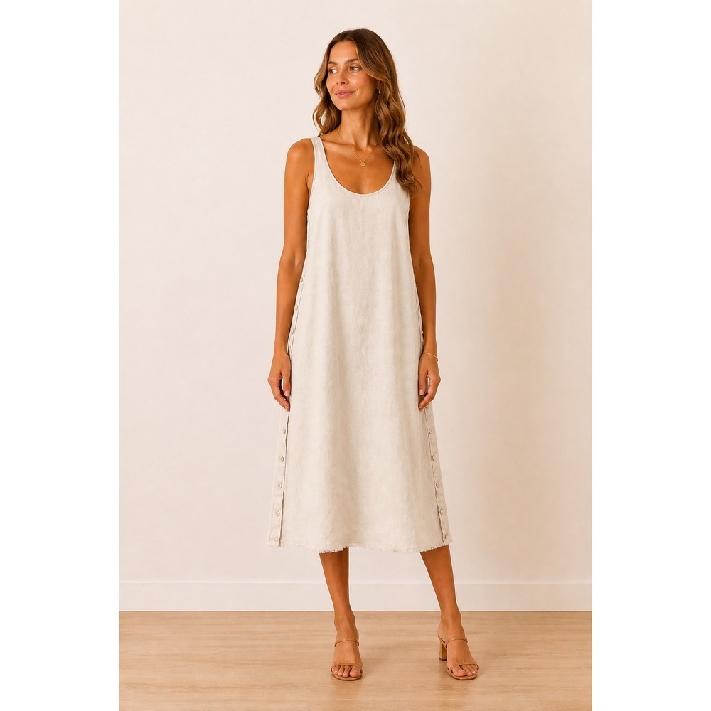LACAUSA Oatmeal Linen Blend Side Button Midi Dress Women's Size S Beige